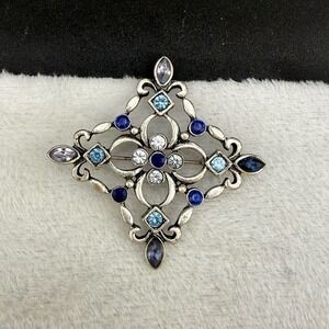 Vintage Lia Rhinestone Brooch‎ Silver Tone Blue Sparkle Signed